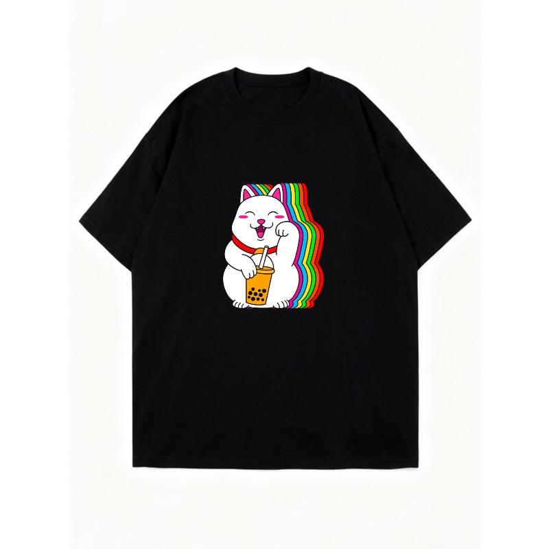 Oversize T-Shirt Schwarz Glückskatze Mit Regenbogen Und Bubble Tea Aufdruck Lässige Streetwear Für Damen