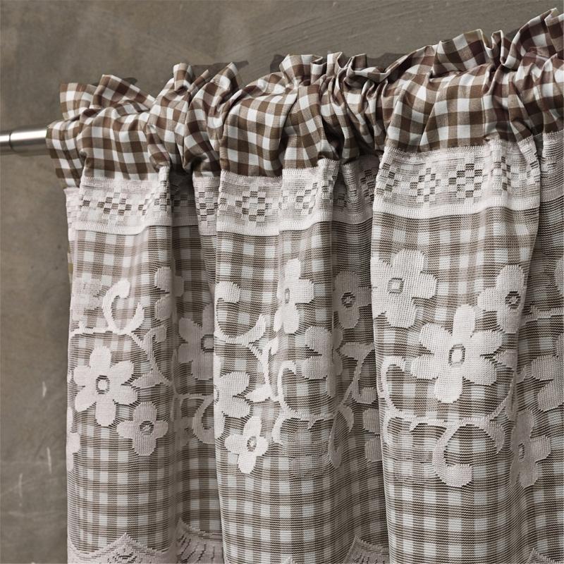 Kitchen Short Curtain Panel with Rod Pocket, Light Filtering Polyester and Gingham Trim for Bath and Cabinet Use