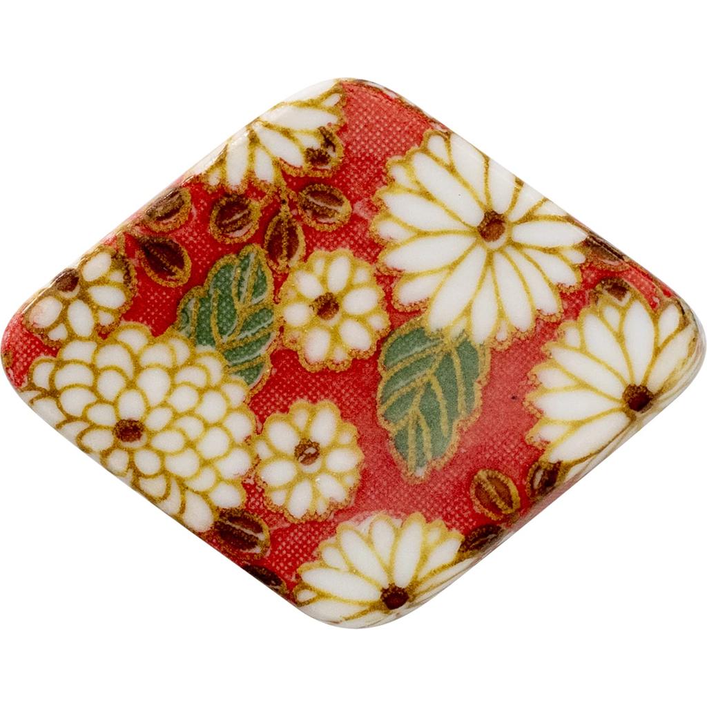 Minoru Pottery Mino Ware Chopstick Rest, Round Chrysanthemum Design, Red, Diamond Shape