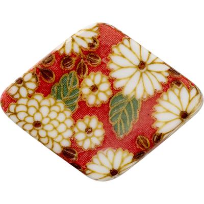 Minoru Pottery Mino Ware Chopstick Rest, Round Chrysanthemum Design, Red, Diamond Shape
