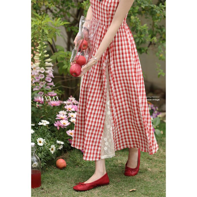 

French Style Plaid Lace Suspender Dress L