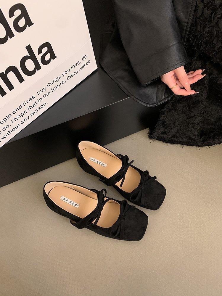Gentle Bow Ballet Shoes with One Word French Inner Height Increase Mary Jane Shoes Women's Spring and Autumn Suede Platform Single Shoes