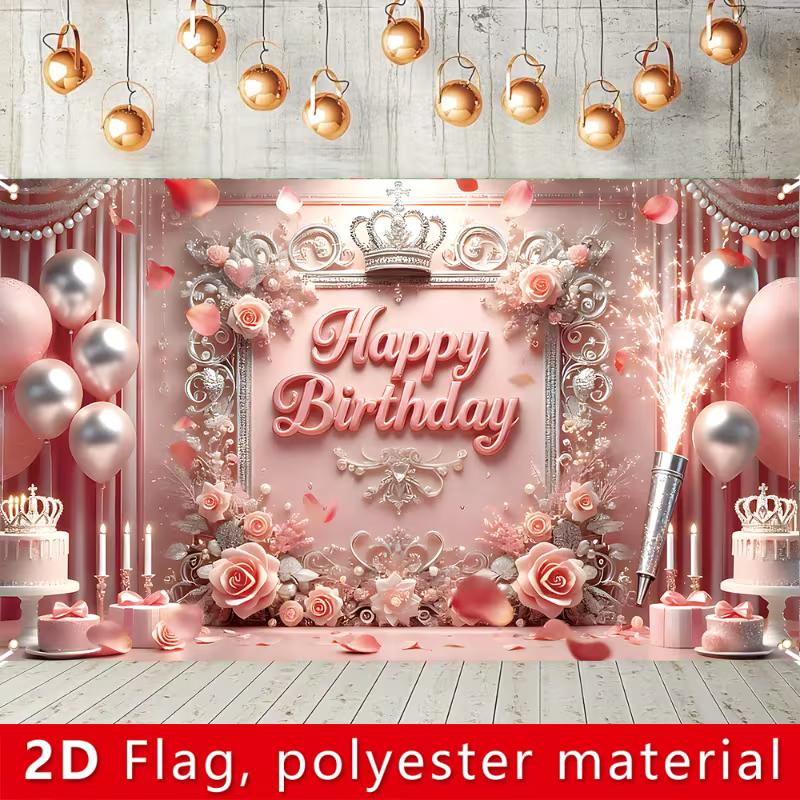 

2D Princess Birthday Background Cloth, Pink Balloon & Rose Tapestry 47.2x31.5inch/120*80cm