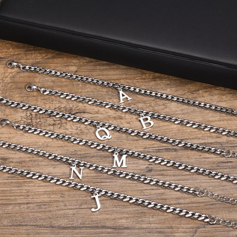 Mens Initials Cuban Links Bracelets,Stainless Steel A-Z 26 Letters Alphabet Charm Chain Wristband Adjustable,Casual Jewelry Gift