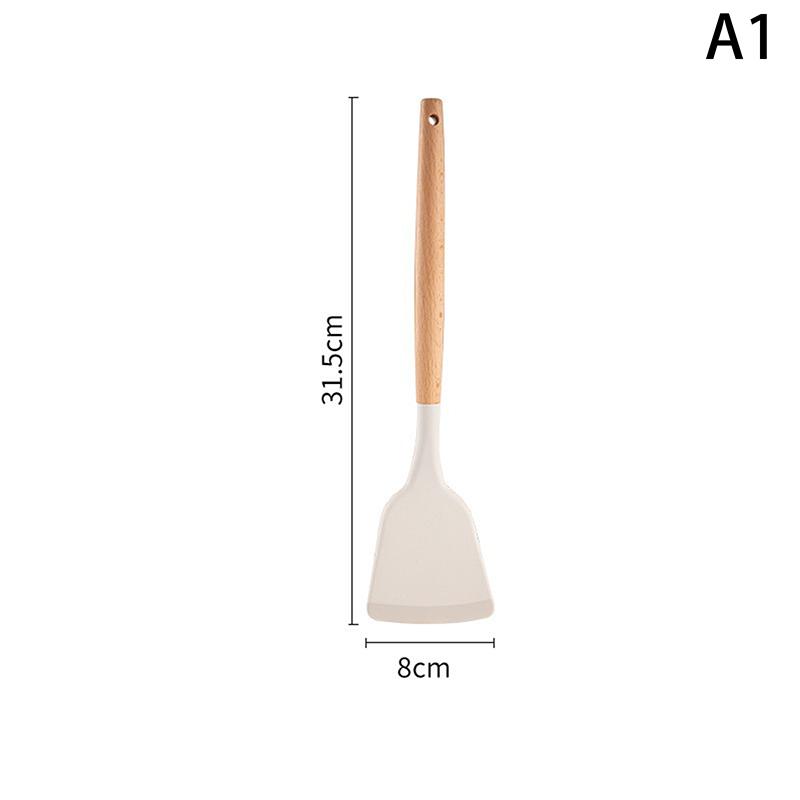 New Wooden Handle Silica Gel Spatula High Temperature Pot Spatula Frying Spatula Soup Ladle Home Cooking Spoon Frying Spatula
