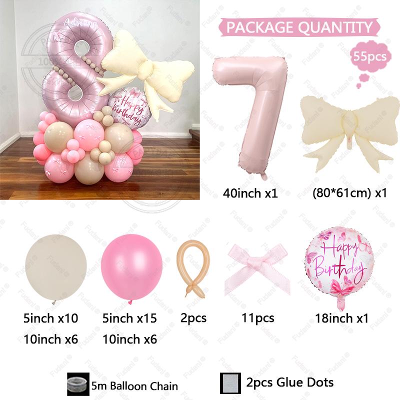 55PCS Pink Bow Theme Bouquet Balloon Set with 40inch Pink Number Girl First Birthday Party Decoration Baby Shower Helium Globos