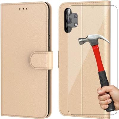Case and Tempered Glass - BOOLING - for Samsung Galaxy A13 5G - Gold - Anti-Scratch - Shockproof - Leather Effect