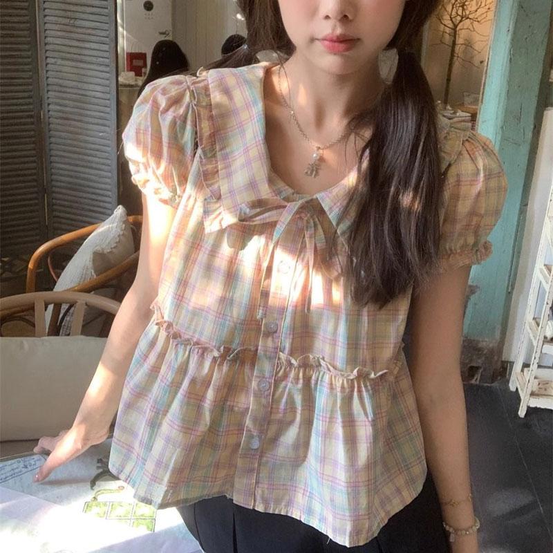 Summer Sweet Color Plaid Blouse Vintage Doll Collar Fashion Drawstring Women's Clothing Thin Casual Loose Single-breasted Shirt