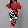 Women O-neck Layer Flared Sleeve Bodycon Dress Irregular Geometric Printing Hip Wrapped Office Lady Work Dress Workwear