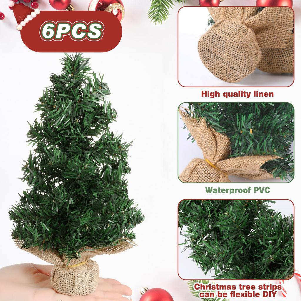 20cm Mini Christmas Tree with Jute Base 6PCS Set Holiday Decoration Desktop Tabletop Display Window Shop Decoration