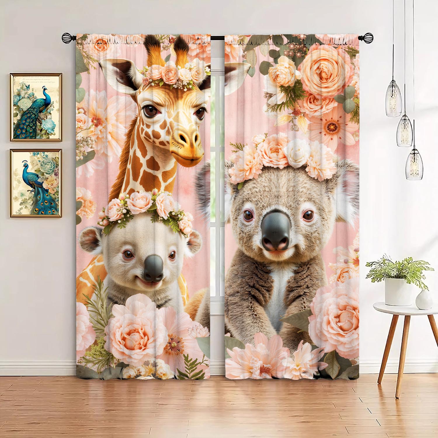 

Panels Warm Lovely Koala Giraffe Pattern Curtains Shade Privacy Protection Suitable Decorating Various Rooms Curtain Polyester W100*H70(CM)-Rod Pocket&2PCS