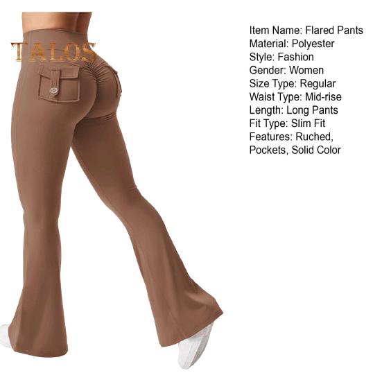 Women Yoga Pants Solid Color Slim Fit Flared Pants with Pockets Thin Elastic Cargo Style Sexy Ruched Long Pants