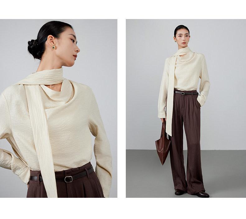 Damen Off-White Slim-Fit Langarmhemd mit fließendem Kragen - Vielseitiges Design für Herbst/Winter 2025