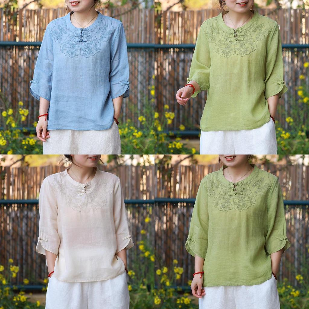 Vintage Art Style T Shirt For Women With Embroidery Summer Casual Wear