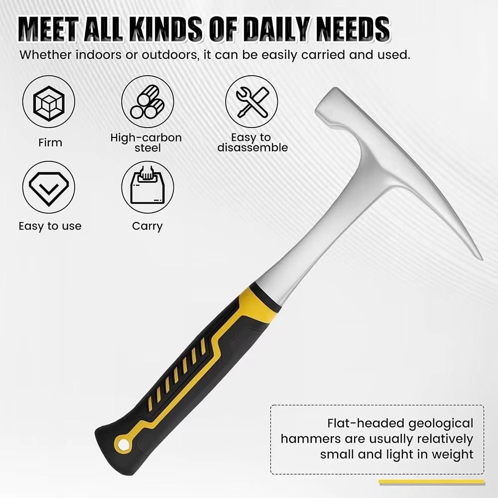 High Carbon Steel Geological Hammer Non-Slip Rubber Handle Outdoor Exploration Rock Pick Hammer Heavy Duty Brushed Finish