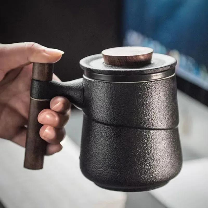 Black Ceramic Cup Wooden Handle Filter Tea Cup Ceramic Mug Creative Office Retro Elegant Water Cups and Mugs Aesthetic China Set Birthday Gift Box