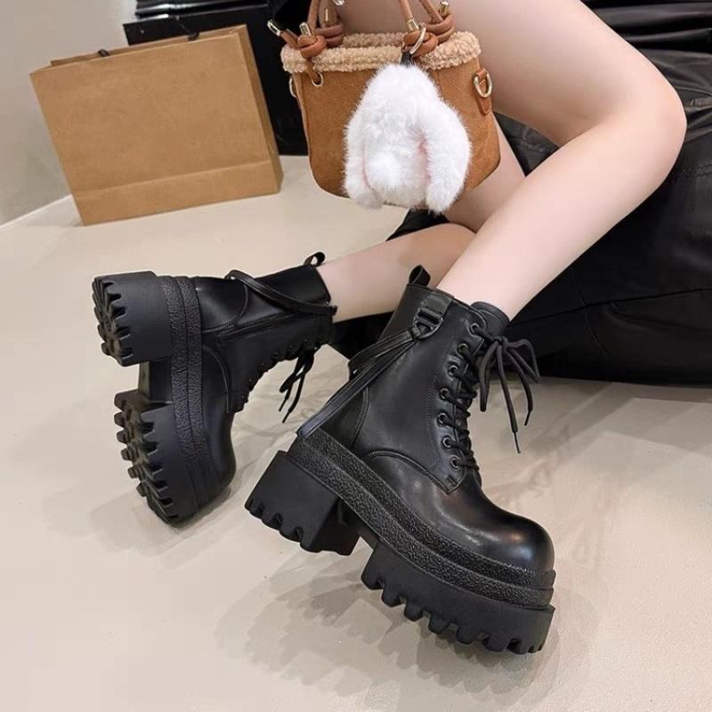 Fashionable And Elegant Lace Up Sexy Riding Boots For Winter New Round Toe Thick Sole Comfortable Casual Women'S Midsole Boots