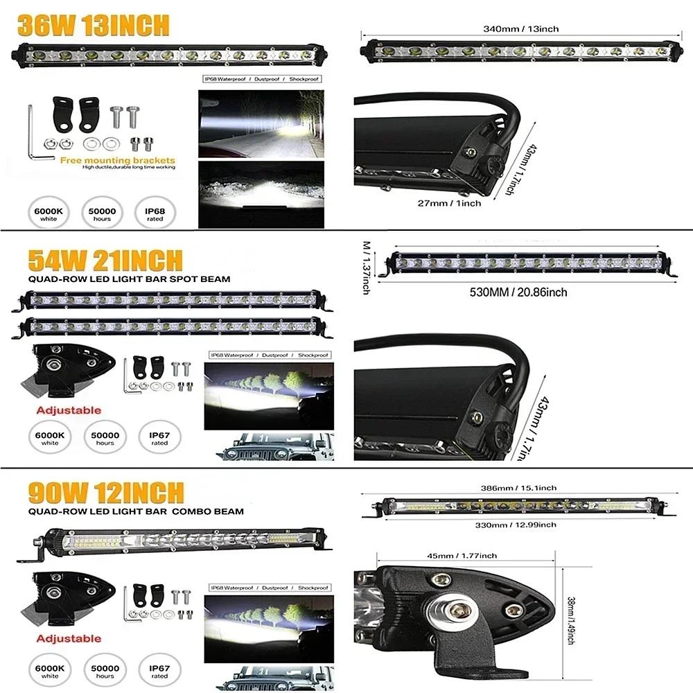 12/13/21 Inch Ultra Slim Single Row LED Light Bar Spot Beam Anti-Glare Work Light for Off Road Truck ATV UTV SUV Jeep Fog Lights