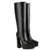 Yellow Faux Crocodile Leather Knee High Platform Boots Women Thick Heels Winter Dress Party Pointed Toe Plush Slip-on Long Boots