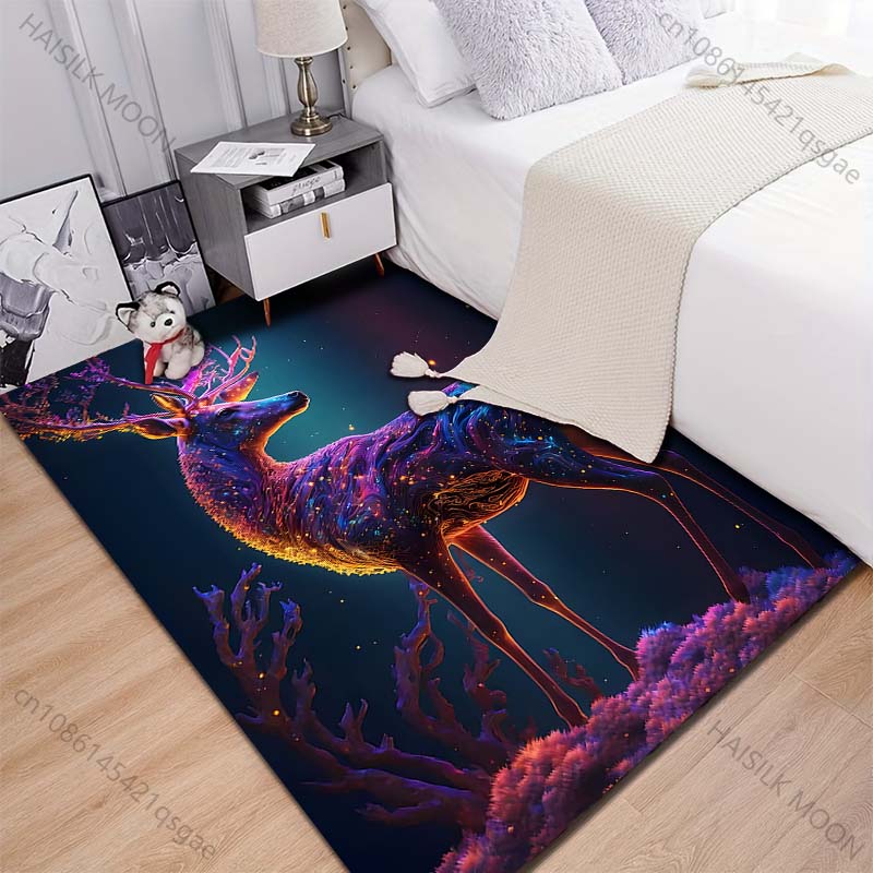 Glowing colorful deer dreamy starry background Carpet for Living Room Bedroom Bedside Floor Mat Cloakroom Play Mat Area Rug