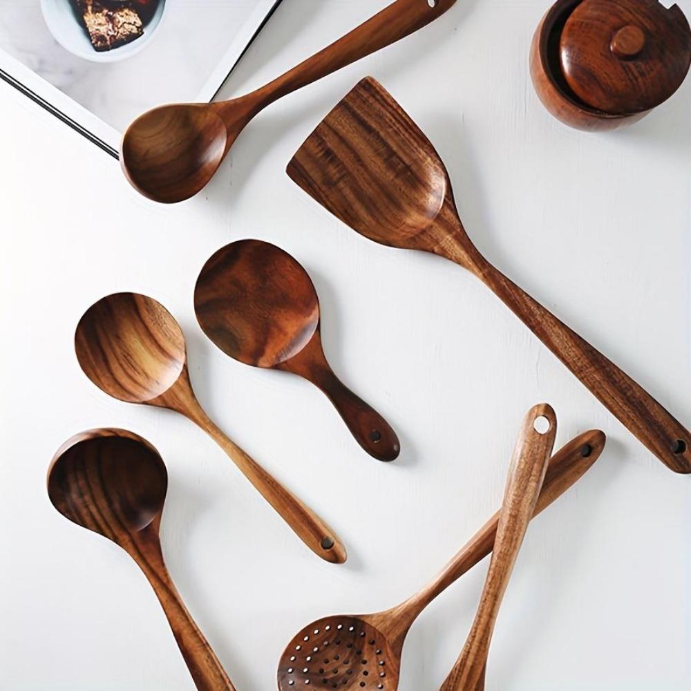 7pcs Natural Teak Wooden Spoons for Cooking - Non-Stick Spatula Set with Comfortable Grip - Perfect for Back To School Supplies