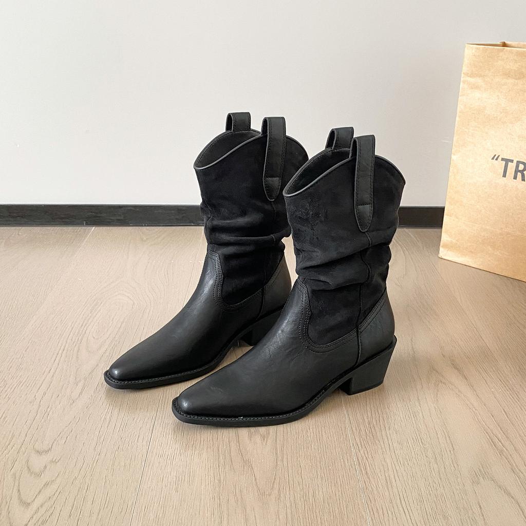 Maillard Knight Pile Pointed Boots Children 2025 Autumn and Winter New Coarse Heel Short Boots Medium Tube Retro Western Cowboy