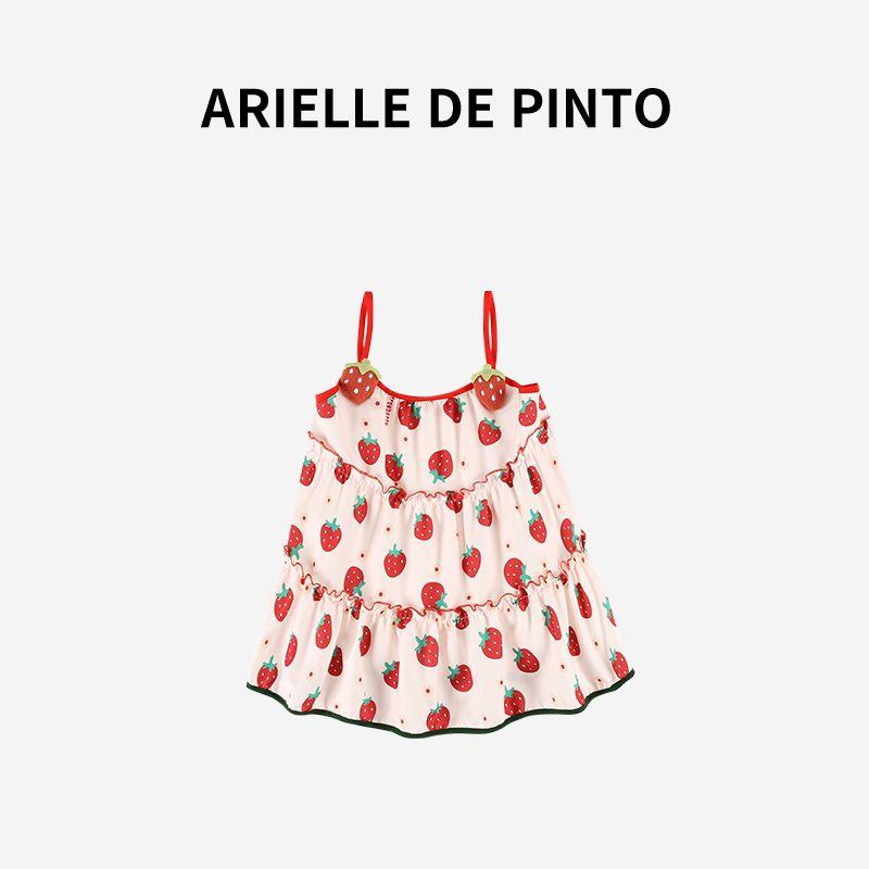 French Arielle De Pinto Girls  Strawberry Suspender Princess Dress Summer Sweet and Cute Girl Dress Pink 110