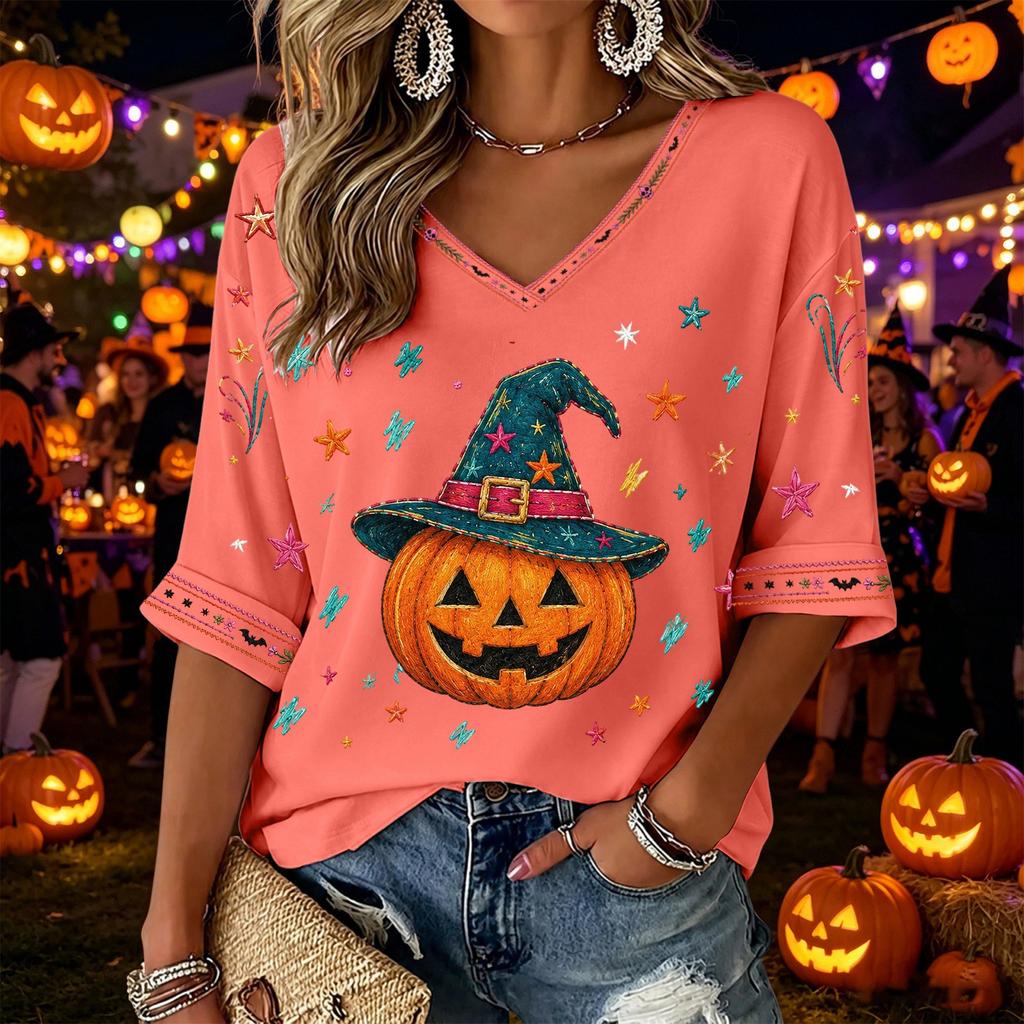 Women's V-Neck Three-Quarter Sleeve Halloween Print Blouse for Party and Costume Wear