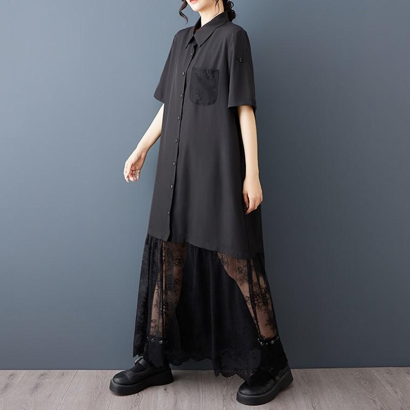 Kurzarm Übergröße Baumwolle Spitze Vintage Schwarz Neu in Kleider für Damen Freizeit Locker Lang Sommer Hemdbluse