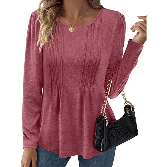 Spring and Autumn Striped Solid Color Round Neck Long Sleeve Casual T-shirt Fashion Women's Top