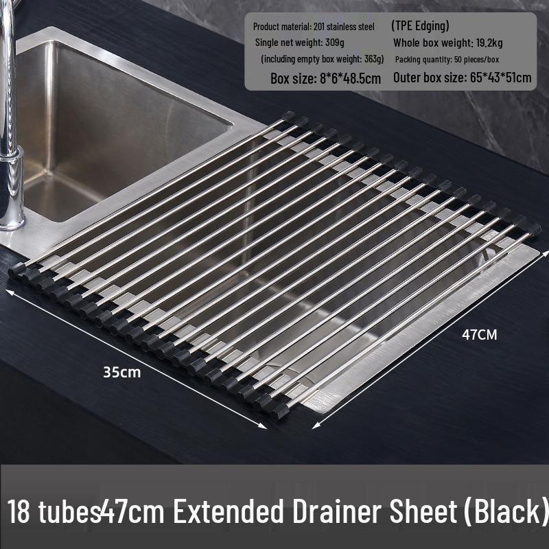 Foldable Stainless Steel Sink Drainer Rack & Roll-Up Dish Mat
