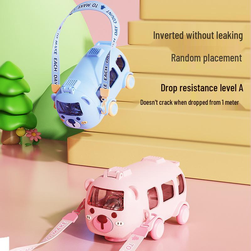 Sommer-Trinkflasche für Kinder mit Auto-Motiv, Strohhalm und Schultergurt