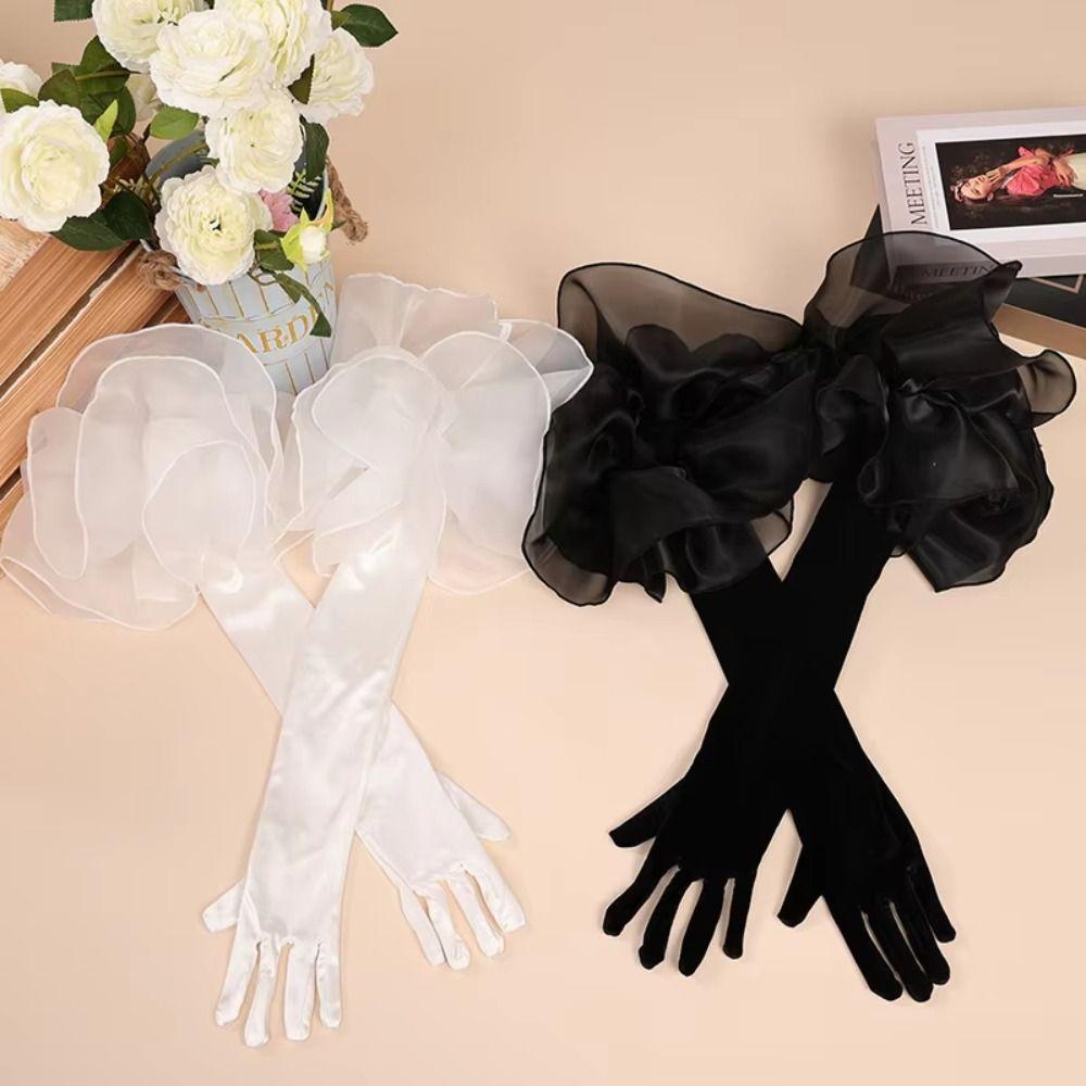 Organza Flower Long Gloves Elastic Wedding Bridal Gloves Retro Ruffles Velvet Mittens  Women