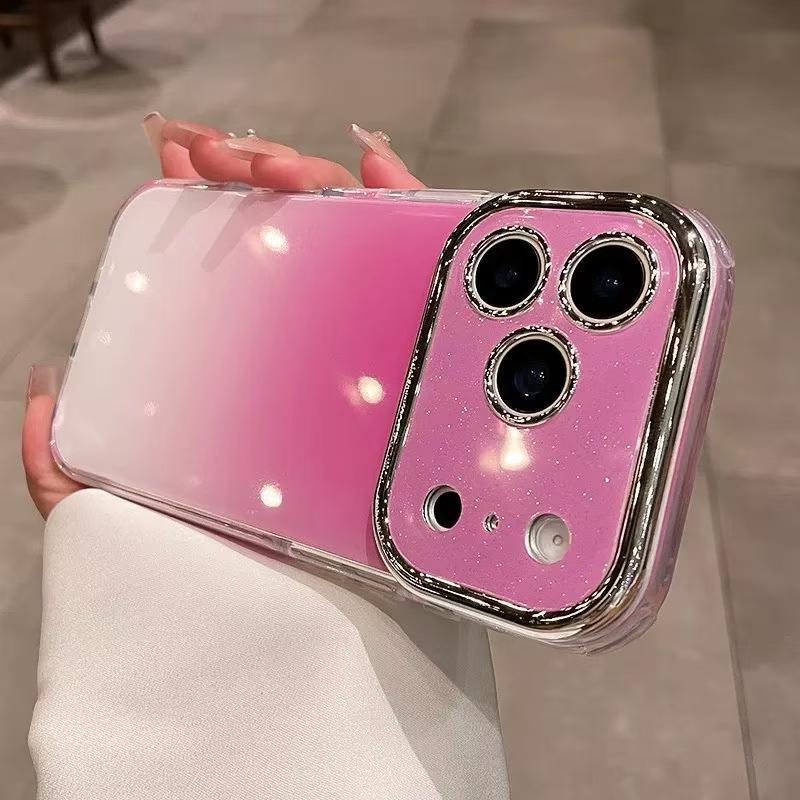 

Gradient Pink Glitter Phone Case For iPhone 17 16 15 14 13 Pro Max Electroplated Camera Frame Soft Shockproof Cover iPhone 13 розовый