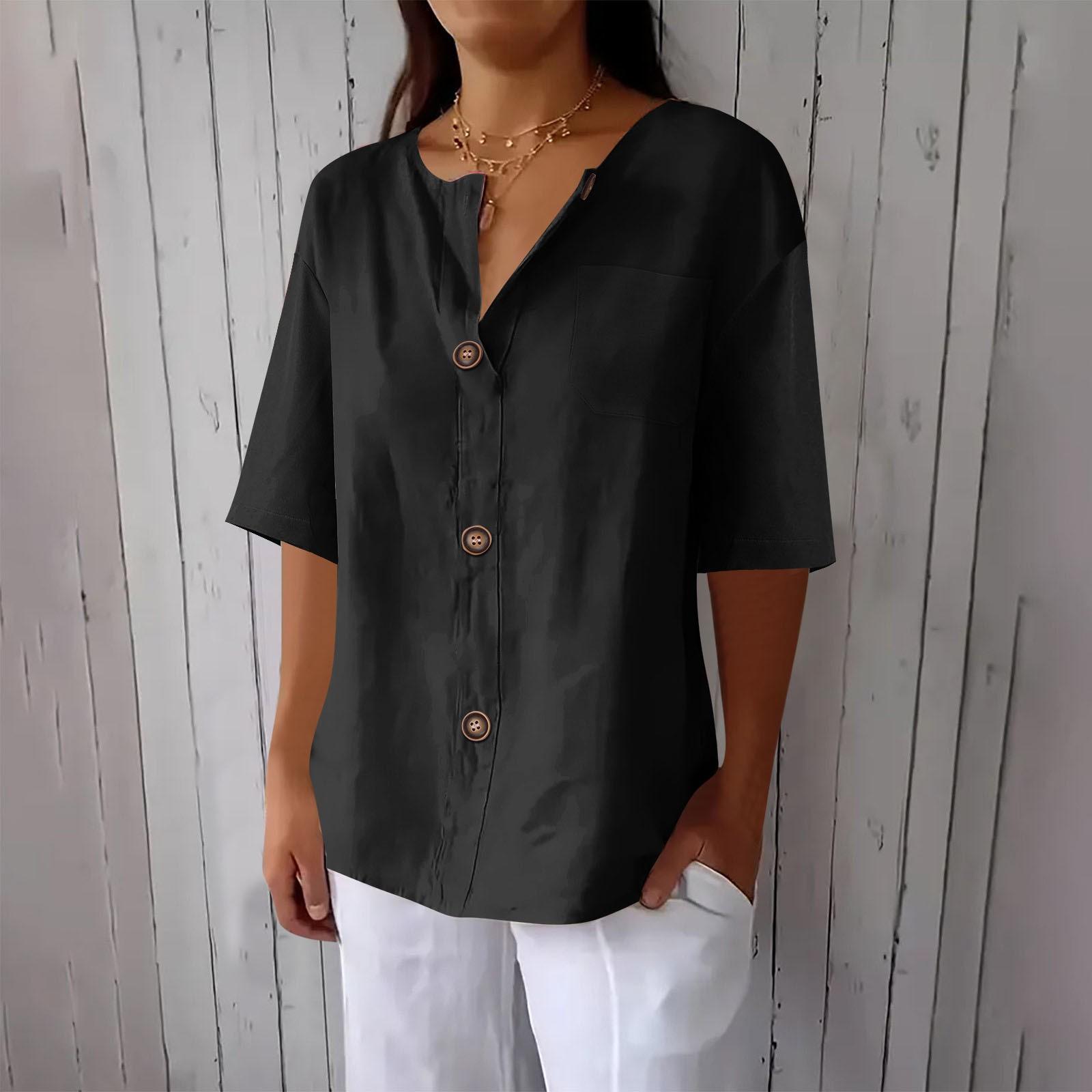 

Женская модная повседневная хлопковая блузка с V-образным вырезом и пуговицами на половину рукава S чёрный