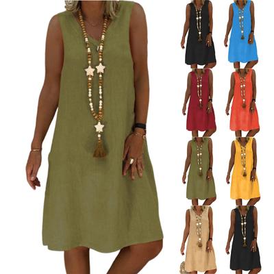 Women's Dresses Solid Color Vintage V-Neck Cotton Sleeveless Vest Dresses
