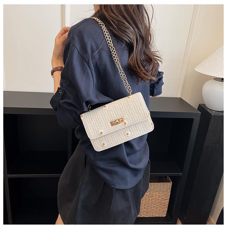 2026 Women's Summer Straw Woven Chain Square Bag - Simple Fashion Turn Lock Shoulder & Crossbody Underarm Bag