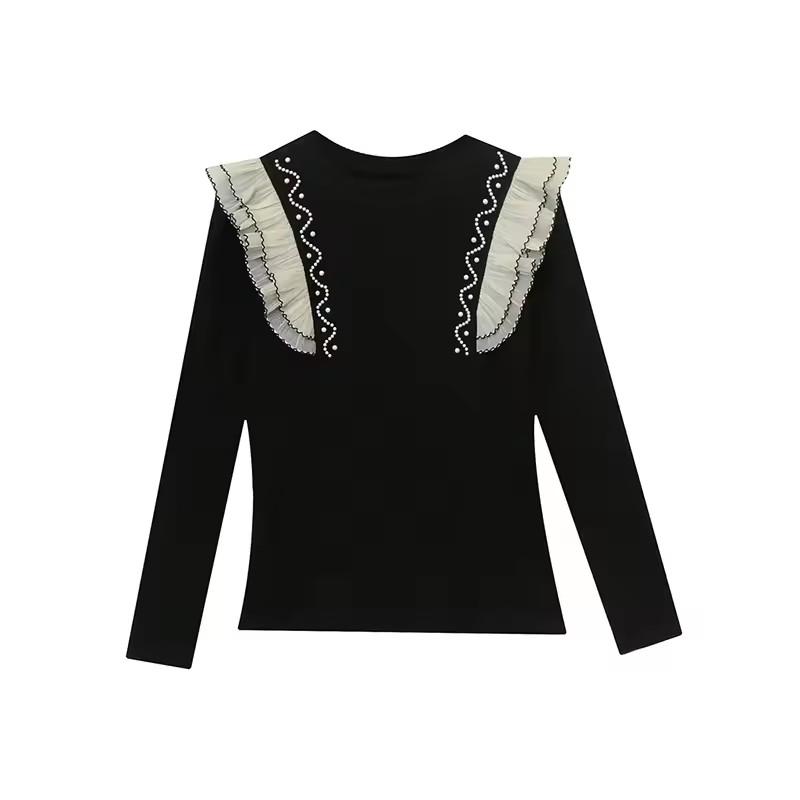 Spring Autumn Women's Black Clothes T-Shirt Sexy O-Neck Beading Pearls Tees Elegant Female Ruffles Long Sleeve Brand Tops