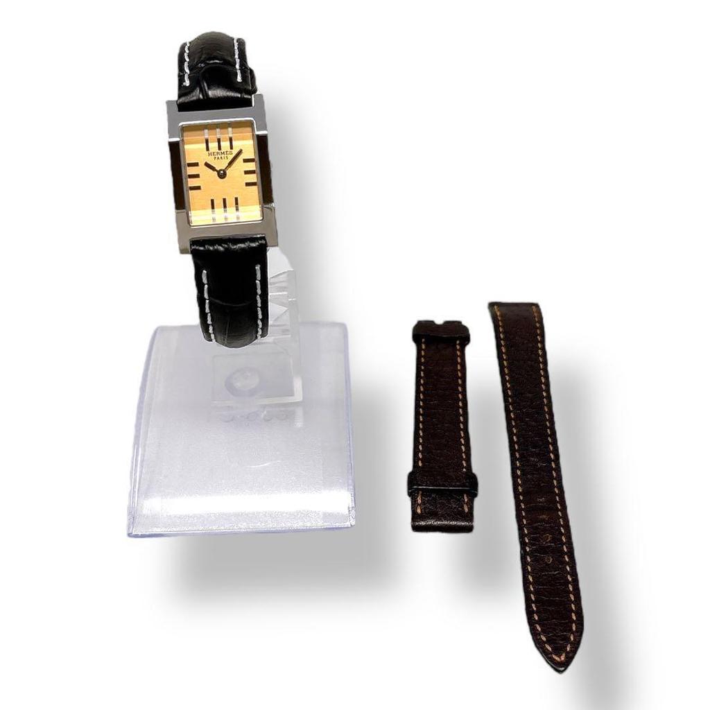 Used HERMES Tandem TA1.210 Orange Dial Black Leather Belt Leather Quartz QZ SS Ladies Watch Brand Good Condition Working