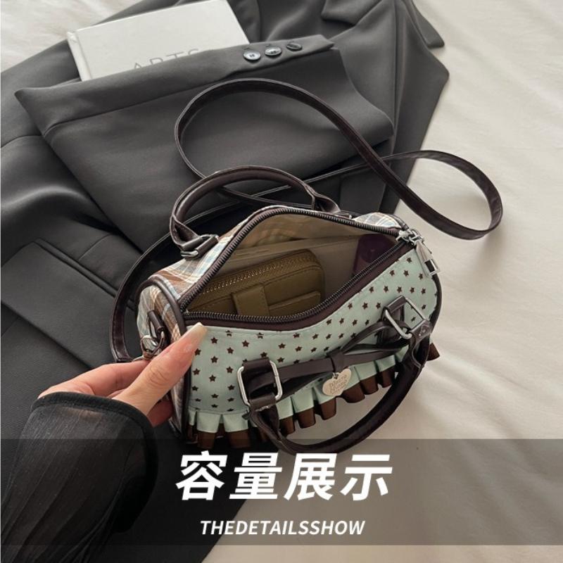 Sweet Bow Girls Crossbody Pillow Bags Versatile Vintage Plaid Ladies Shoulder Bag Lightweight Portable Women Handbag Purse