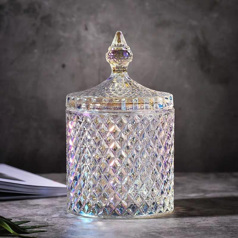 Light Luxury Glass Candy Jar with Lid Colorful Candy Storage Bottle Retro Candy Nut Storage Container Tabletop Craft Decoration
