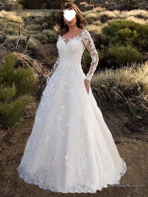 European American Lace Off-the-Shoulder Long Sleeve White Bridal Gown