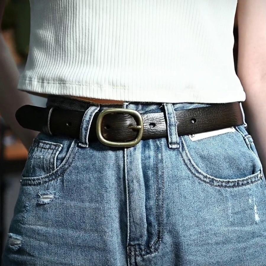 Belt retro copper button head belt new belt width simple versatile pin buckle belt hand-polished