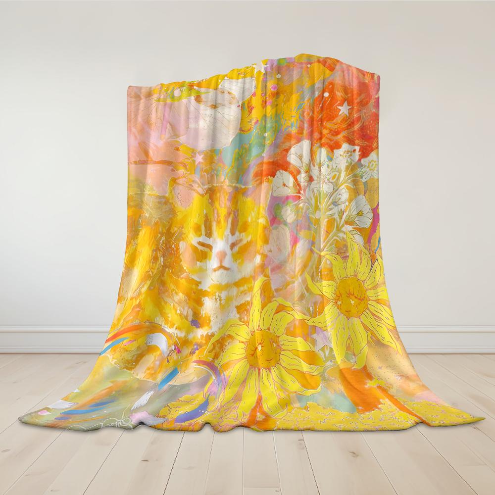 Sunny Cat Floral Collage Flannel Blanket Warm Soft Halloween Christmas Couch Warm Cozy Decorative Decor Gift for All Season