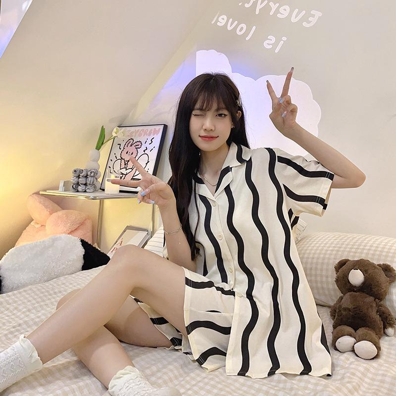 

Pajamas women s summer pure cotton new short-sleeved thin striped summer casual wear loungewear suit XXL