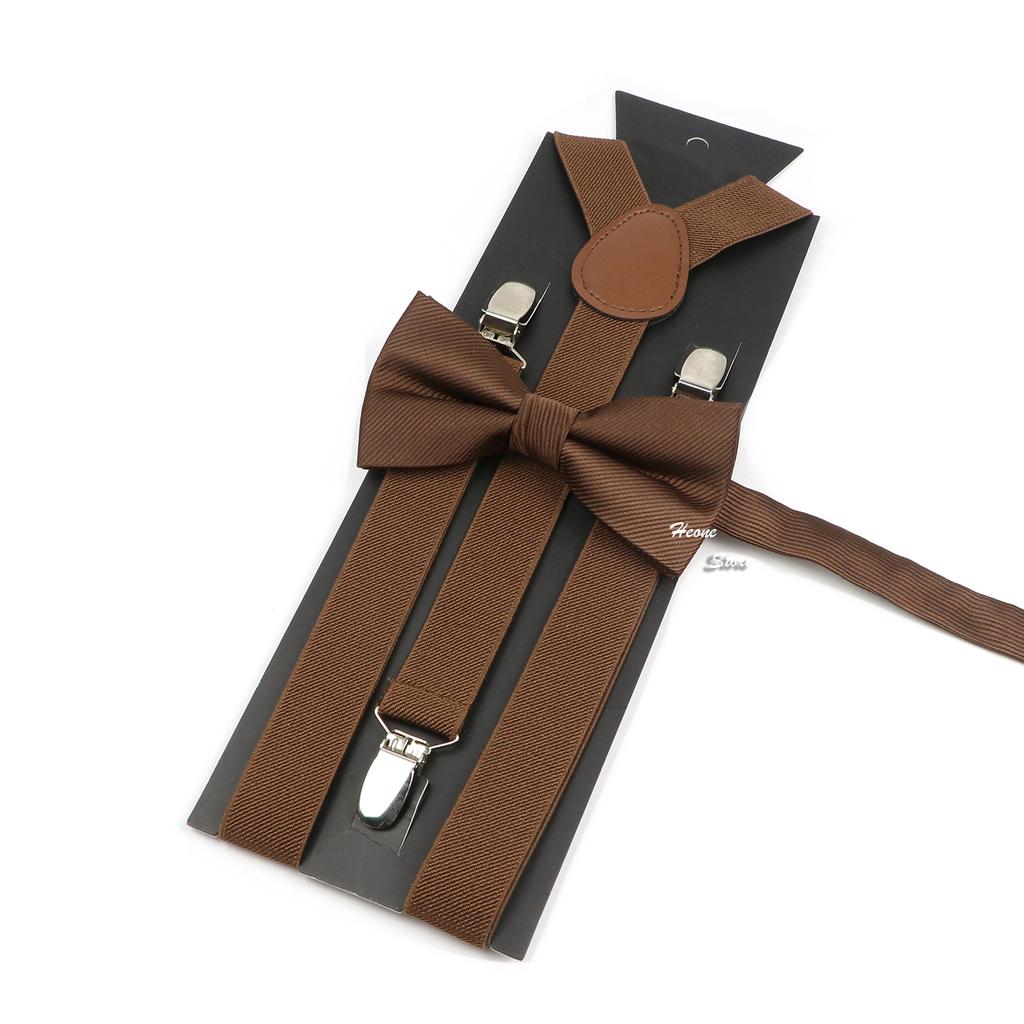 Men Kids Yellow Khaki Brown Suspender Bowtie Set Elastic Adjustable Y-Back Braces Straps Daily Father-Child Braces Accessory