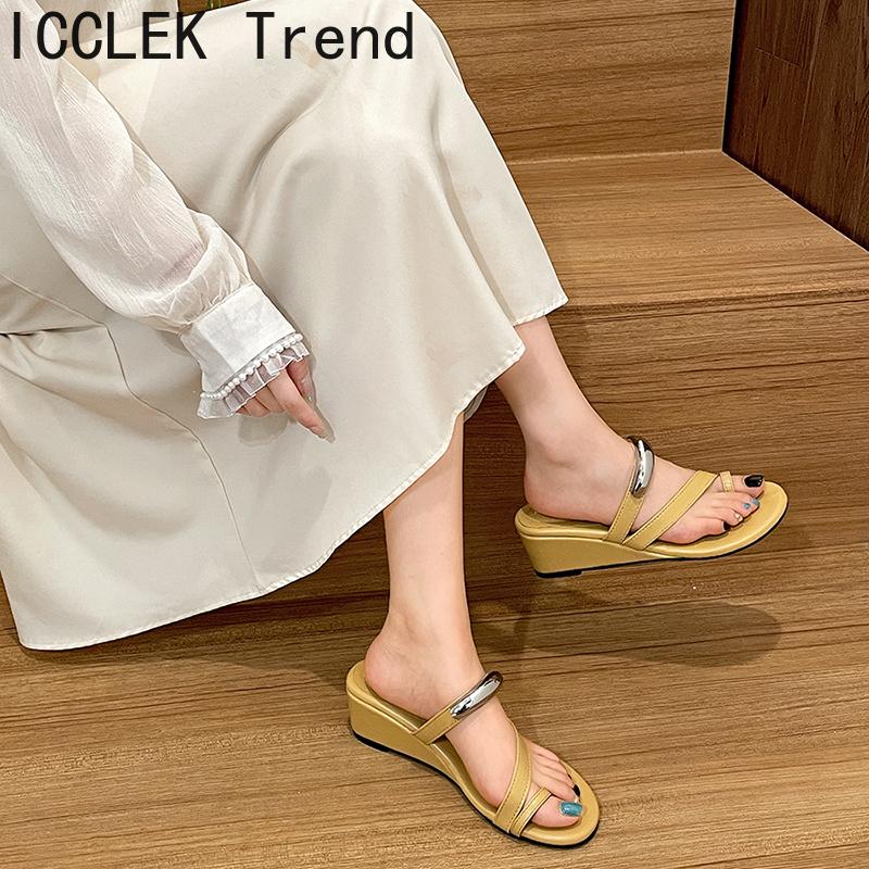 Summer Clip Toe Wedges Heel Women Slippers Fashion  Metal Buckle Female Outdoor Party Dress Slides Shoes
