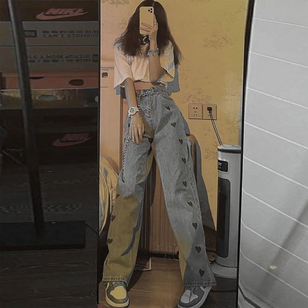 Love Embroidered Jeans For Women In Autumn, Straight, Loose, Versatile, High Waist, Slim, Wide Leg Long Pants For Trendy Women