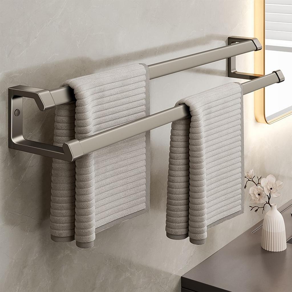 Bathroom Towel Rack Gun Gray Double Rod Punch-free Bathroom Towel Rack Space Aluminum Light Luxury Bath Towel Storage Rack