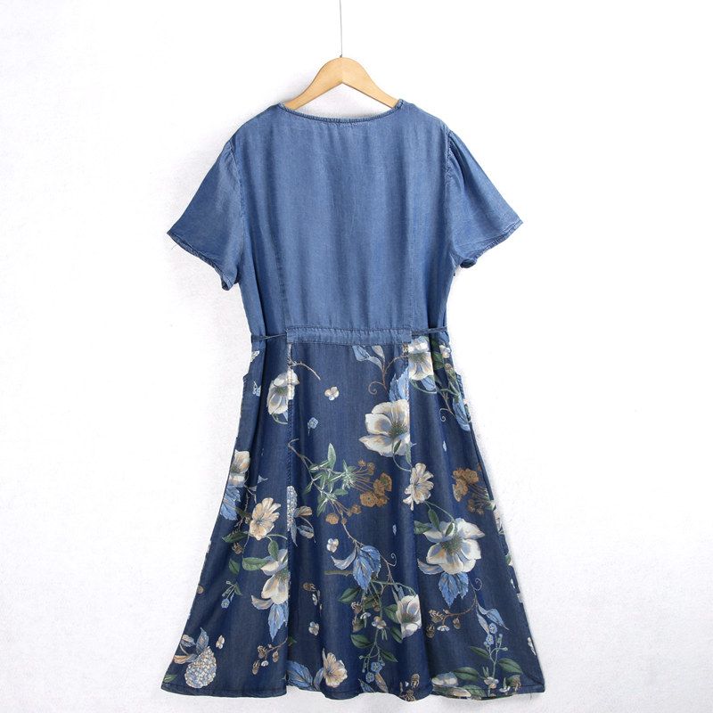 Denim V-neck Imitation Tencel Shoelace Export Print Long Dress